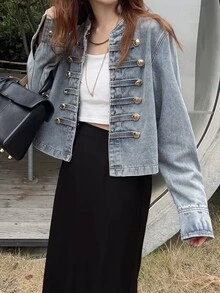 FRIFUL Women's Long Sleeve Zipper Front Casual Napoleon Denim Jacket - Blue - View 3