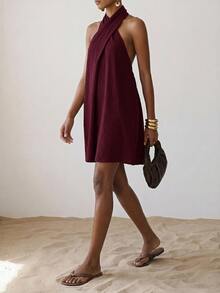 Zivah Women's Solid Color Criss-Cross Halter Neck Casual Mini Dress - Burgundy - View 1