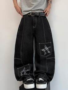 STEELVANCE Celana Jeans Denim Kasual Gaya Retro Streetwear Serbaguna dengan Desain Lusuh, Banyak Saku, Patchwork Bintang, dan Bordir Huruf (Sabuk dan Aksesoris Tidak Termasuk) - Hitam - View 1