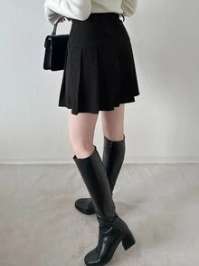 FRIFUL Women's Fashion Versatile Solid Color Pleated Skirt Fall - Black - View 2