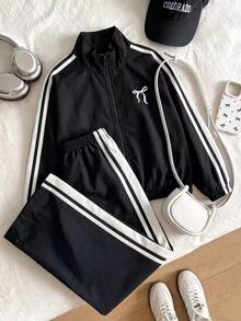 SHEIN 青少年女孩休閒時尚度假旅行通勤立領黑色夾克，蝴蝶結印花長袖白色雙條紋設計搭配寬腿褲 - 黑色 - 查看 3