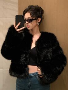 DAZY Solid Color Loose Long Sleeve Casual Vacation Elegant Autumn/Winter Thick Faux Fur Coat For Women - Black - View 7