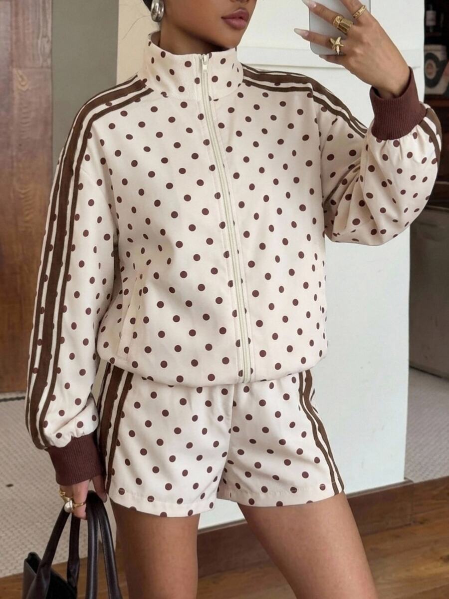 Comfortcana Women's Polka Dot Print Zipper Front Jacket And Shorts Casual 2 Pieces Set - Apricot - View 1