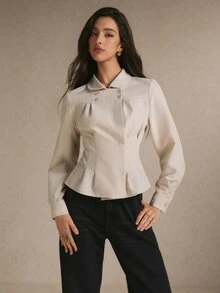 Poéselle Women's Solid Color Double-Breasted Long Sleeve Waist-Cinching Blouse - Apricot - View 3