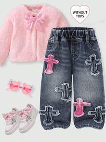 SHEIN 女嬰幼女小女孩 2025 秋冬新款寬腿牛仔褲，可愛愛心刺繡直筒牛仔褲，復古做舊黑色，刺繡愛心圖案，鬆緊腰設計，舒適純棉，適合上學/通勤 - 中等水洗藍 - 查看 1