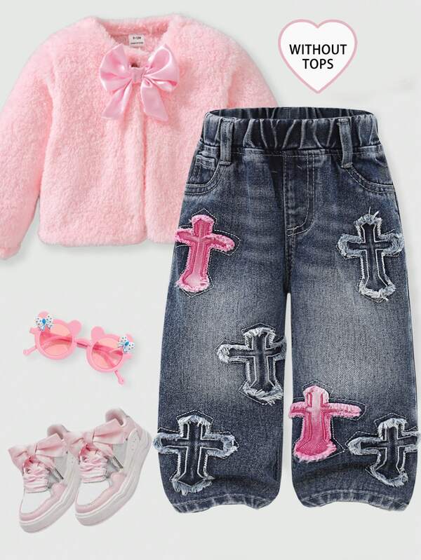 SHEIN Baby Girl Toddler Girl Young Girls 2025 Autumn/Winter New Wide Leg Denim Jeans. Cute Heart Embroidery Straight Leg Jeans, Vintage Distressed Black, Embroidered Heart Pattern, Elastic Waist Design, Comfortable Pure Cotton, School/Commute