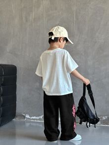 1件男童休閒運動可愛日常舒適街頭風百搭印花抓絨內裡直筒長褲，適合外出、上學、日常聚會，春秋秋冬四季皆宜，開學季適用 - 黑色 - 查看 3