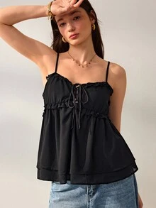 Willow Rêve Women's Black Loose Tie Front Cami Top, Ruffle Trim & Layered Design, Solid Color, Summer Romantic Bohemian Style, Suitable For Vacation, Party & Travel - Black - View 5