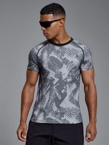 Musero Sport Printed Seamless Crew Neck Tshirt Raglan Sleeve Spring Summer Sports Activewear - Black - View 1