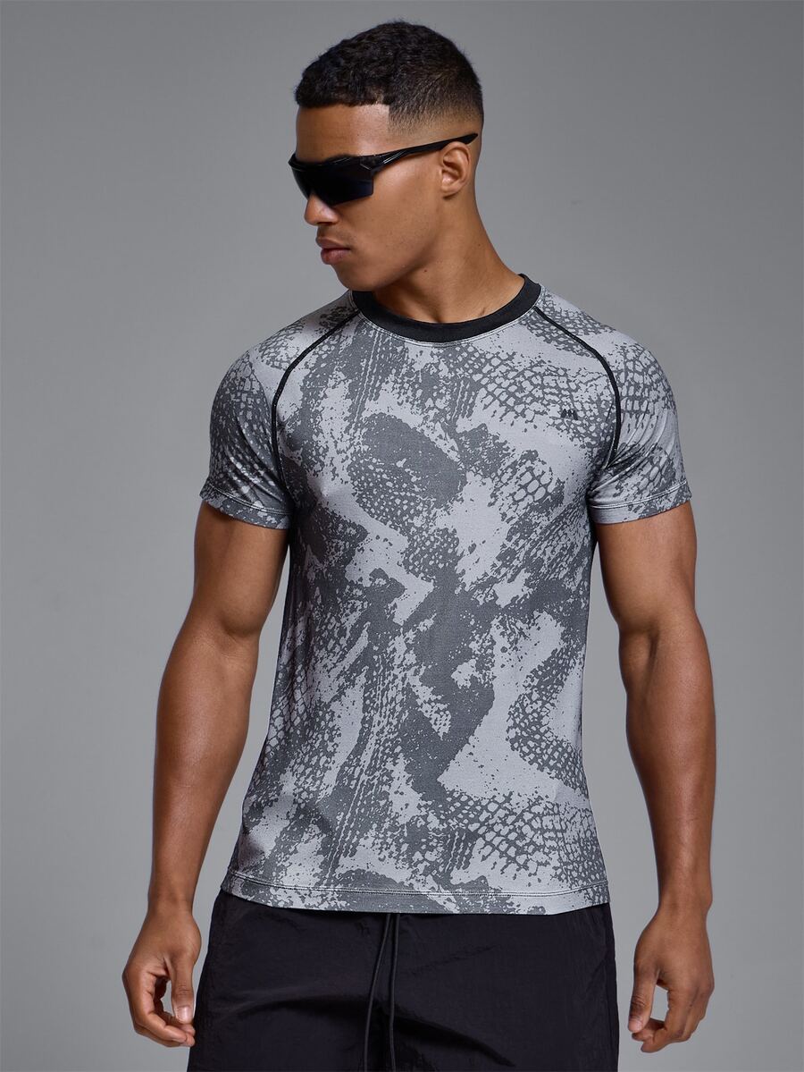 Musero Sport Printed Seamless Crew Neck Tshirt Raglan Sleeve Spring Summer Sports Activewear - Black - View 1