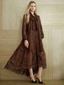 Arave Women's Dress Loose A-Line Lace Bow Tie Neck Lantern Sleeve See-Through Vintage Elegant Business Brown Floral Dresses For Women Thanksgiving - Brown - View 7