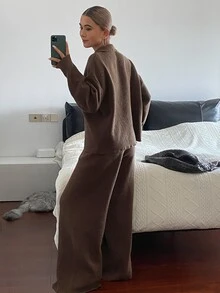 DAZY Autumn/Winter Women's Loose Knit Sweater & Wide Leg Straight Pants Two Pieces Set, Deep Coffee Color, Casual Daily Commute - Coffee Brown - View 2