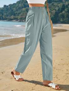 SHEIN Frenchy Casual Versatile Solid Color High Waist Long Pants - Dusty Blue - View 4