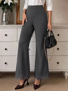 Modelyn Women's Elegant Lace Trim Patchwork Flare Pants - Dark Grey - View 5