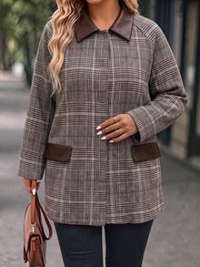 EMERY ROSE CURVE Jaket Wanita Ukuran Besar Motif Kotak-kotak Vintage Musim Gugur/Dingin dengan Kerah Patchwork Kulit, Lengan Panjang, Potongan Longgar, Blazer Komuter Serbaguna Musim Gugur - MultiWarna - View 6