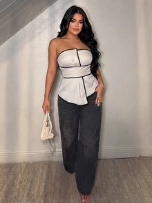 Vavine Black & White Contrast Trim Strapless Asymmetrical Hem Top - Apricot - View 3