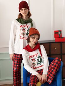 Chillnights Men's Cute Christmas Reindeer Christmas Tree Plaid Snowflake Print Crew Neck Long Sleeve Comfortable Couple Loungewear Set - Multicolor - View 7