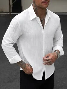 Manfinity CasualCool Men's Casual White Long Sleeve Single-Breasted Shirt - White - View 4