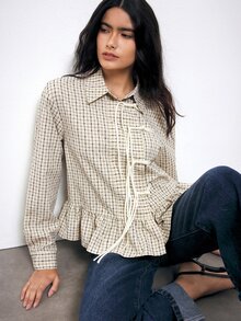 Maija Women's Placket Design Long Sleeve Ruffle Hem Plaid Shirt - Apricot - View 1
