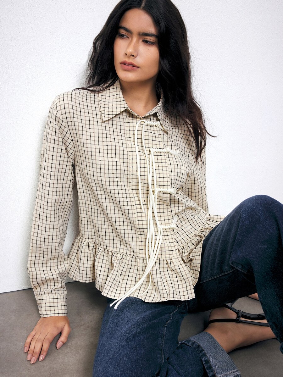 Maija Women's Placket Design Long Sleeve Ruffle Hem Plaid Shirt - Apricot - View 1