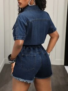 BamGleam 女款蝙蝠袖鈕扣半開襟做舊休閒牛仔連身褲 - 深色水洗藍 - 查看 2