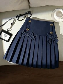 SHEIN 1件少女學院風百褶迷你裙，秋季服飾，海軍藍蝴蝶結雙排扣高腰裙，適合上學、日常穿著與外出 - 藏蓝色 - 查看 1