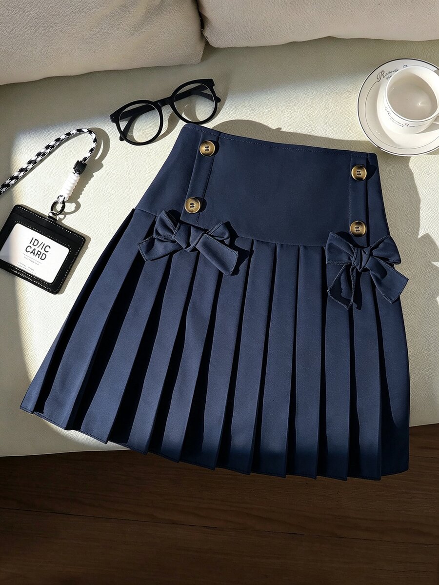 SHEIN 1件少女學院風百褶迷你裙,秋季服飾,海軍藍蝴蝶結雙排扣高腰裙,適合上學、日常穿著與外出 - 藏蓝色 - 查看 1