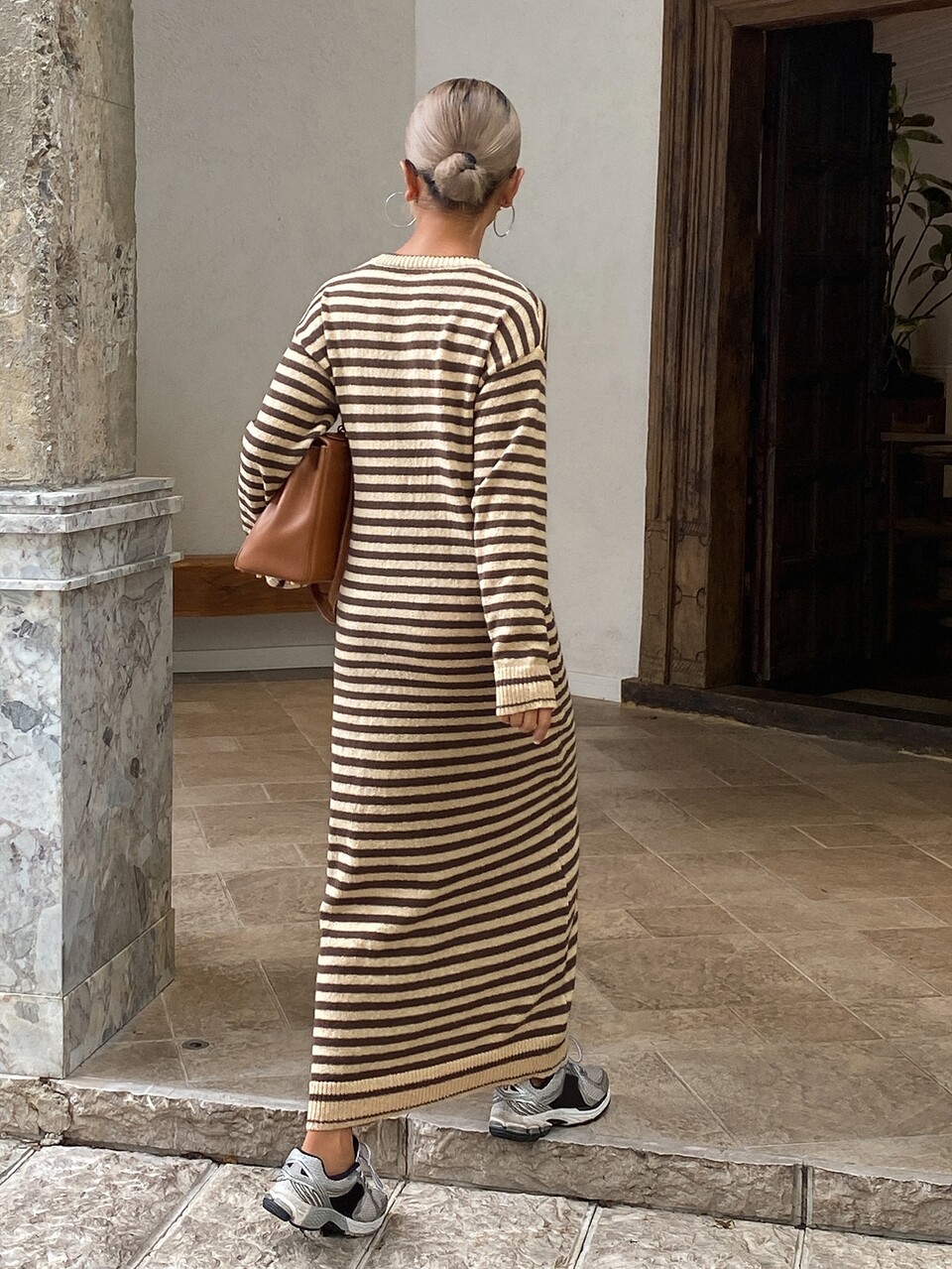 Autumn/Winter Round Neck Striped Long Sleeve Straight Brown Loose Slouchy Casual Streetwear Women Sweater Dress