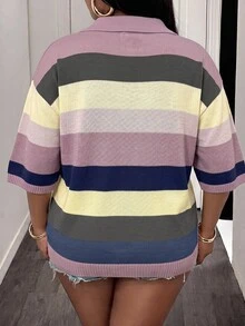 Slaydiva Plus Size Women's Colorblock Casual Daily Wear Knit Top - Multicolor - View 2