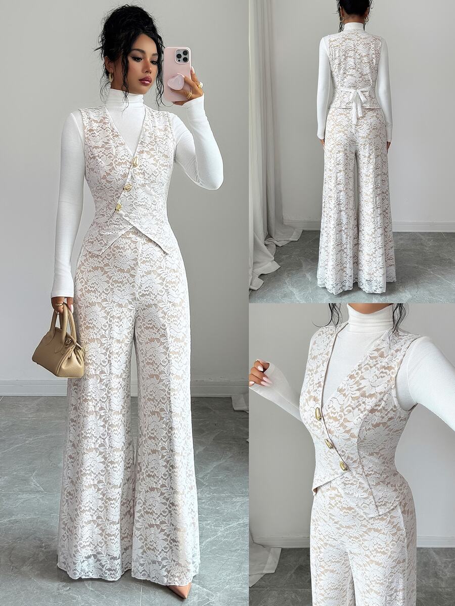 Elenzga Women's Designer Lace Elastic Tie Top And Versatile Lace Long Pants, Daily Commute, Versatile Elegant, Metal Buckle Design Suit Set - Beige - View 1