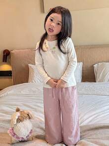 DAZY 女童蝴蝶結印花長袖上衣與長褲居家服 - 淺粉色 - 查看 2