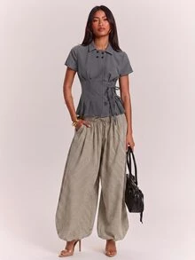 SHEIN BAE Women's Striped Button Design Side Waist Knot Short Sleeve Shirt - Dark Grey - View 8