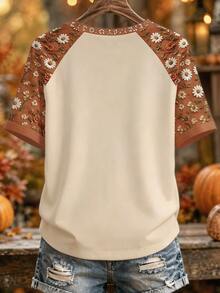 EMERY ROSE Halloween Atmosphere Pastoral Daisy Pumpkin Ghost Patchwork Contrast Color Plus Size T-Shirt - Multicolor - View 2