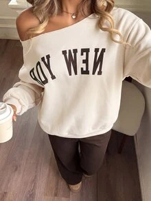 SHEIN 青少年女孩露肩字母印花運動衫、喇叭長褲套裝，秋季穿搭，自由，冬季 - 彩色 - 查看 4