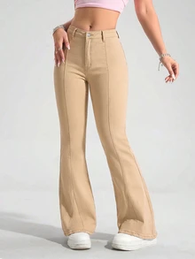 Jeanoix Y2K Plus Size Women's Stretch Denim Jeans Light Khaki Flare Jeans Cowboy For Women - Khaki - View 5