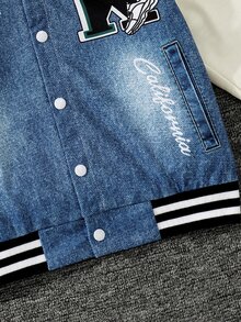 SHEIN Young Boy American Retro Striped Trim Denim Effect Jacket, Kids Streetwear Varsity Bomber Jacket With Pockets, Fall, Autumn And Winter - Blue - View 6