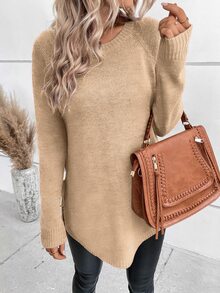 SHEIN Autumn/Winter Casual Versatile Solid Color Side Slit Lace-Up Sweater - Apricot - View 3