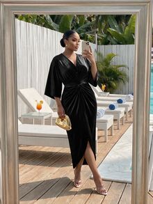 SHEIN Lady CURVE Plus Size Elegant Party Knot Waist Dress - Black - View 3