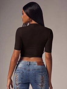 Denimoi Wrap Detail Fashion Tops Ruched Seams Everyday Wear Solid Color Dinner Brunch Effortless Tops - Coffee Brown - View 5