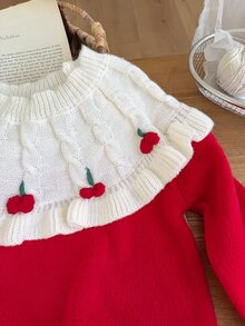 SHEIN Vintaside Kids 女童開學季秋冬紅色甜美毛衣，絲綢蕾絲下擺，優雅公主娃娃風，柔軟紗線，萬聖節、新年、聖誕節適用 - 彩色 - 查看 6