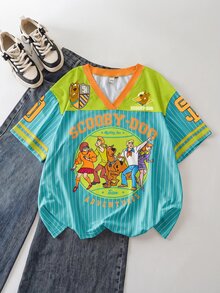 SCOOBY-DOO X SHEIN 大尺碼女款字母條紋V領短袖休閒T恤 -DOO - 薄荷綠 - 查看 1