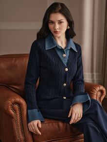 Anewsta Women's Navy Blue Knit POLO Collar Turn-Down Collar 2 In 1 Cardigan Sweater Casual Sweater Jacket, Autumn/Winter - Navy Blue - View 4