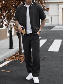 Manfinity CasualCool 男士條紋短袖襯衫與長褲休閒套裝 - 黑色 - 查看 3