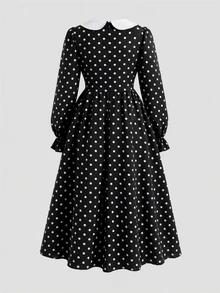 SHEIN Tween Girl Elegant Polka Dot Print Dress For Autumn/Winter - Black and White - View 2