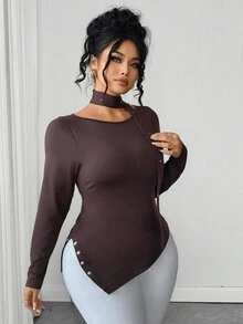 Elenzga Plus Size Maillard Brown Sexy Cold Shoulder Top With Rhinestone Ribbon Scarf, Elastic Slim Fit Slit Long Sleeve Base Layer Fall - Brown - View 1