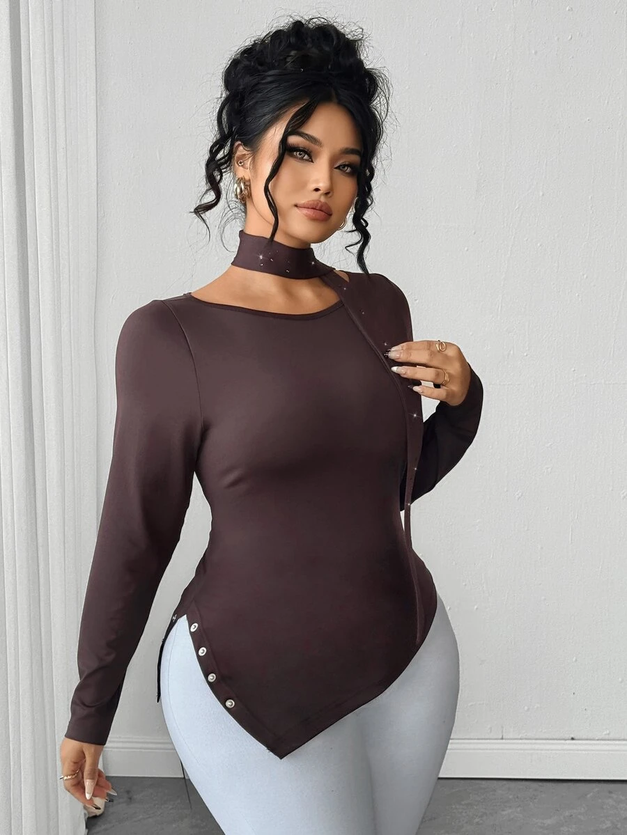 Elenzga Plus Size Maillard Brown Sexy Cold Shoulder Top With Rhinestone Ribbon Scarf, Elastic Slim Fit Slit Long Sleeve Base Layer Fall - Brown - View 1
