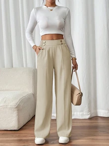 SHEIN Frenchy 女款雙鈕扣直筒優雅通勤長褲 - 卡其色 - 查看 8