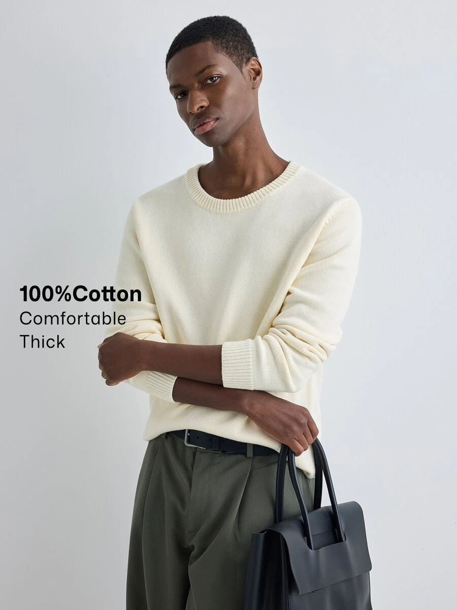 Merionis Men's Solid Color Crew Neck Long Sleeve Casual Versatile Sweater - Apricot - View 1