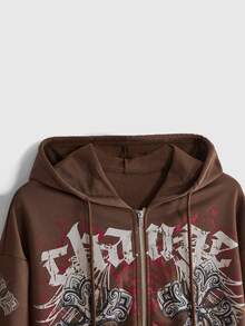 ROMWE Grunge Punk Women's Vintage Y2K Vine Cross Punk Open Front Loose Sweatshirt - Coffee Brown - View 3
