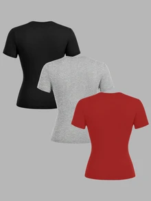 SHEIN EZwear 休閒極簡風黑色、灰色、紅色 3 件組女款圓領修身長版短袖 T 恤套裝，適合夏季 - 彩色 - 查看 2